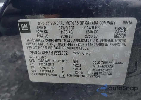 2017 Chevrolet Equinox Lt z USA, uszkodzony, nr VIN 2GNALCEK1H1532002